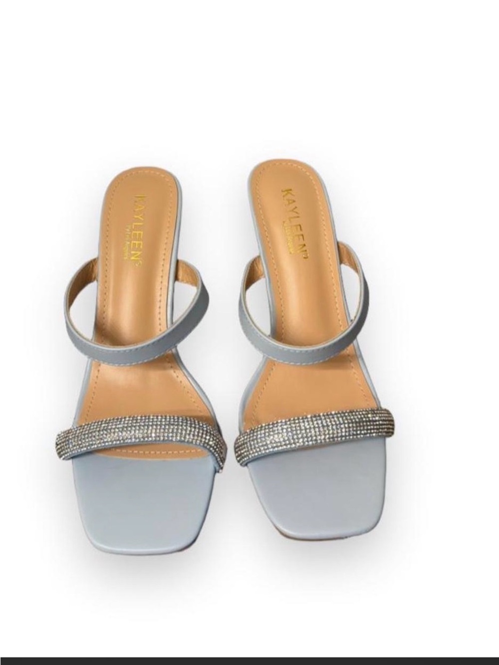KAYLEEN By Los Angeles Light Gray Rhinestone Double-Strap Block Heel Sandals